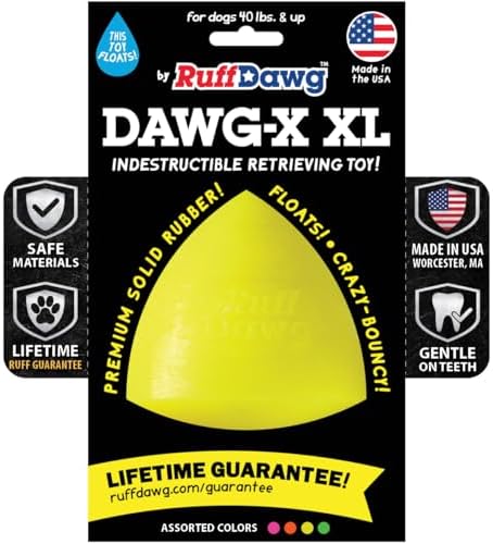 Ruff Dawg Indestructible Dawg-X XL – Heavy-Duty Solid Rubber Fetch Toy for Dogs 40 lbs & Up – Crazy Bounce & Floats – Made in USA – Assorted Neon Colors