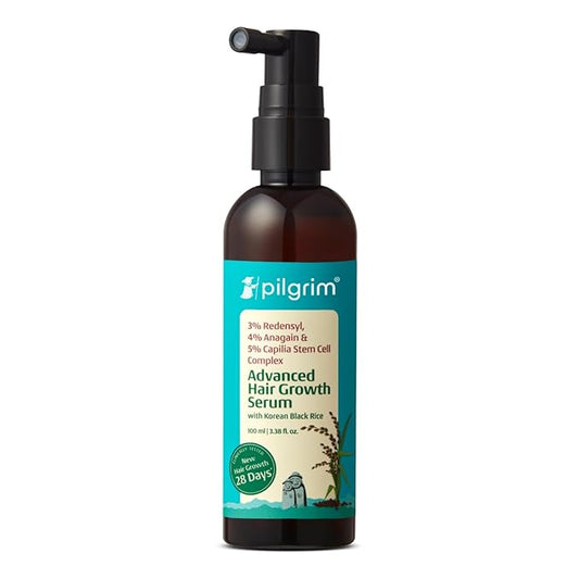 Pilgrim Advanced Hair Growth Serum with Redensyl 3%, Anagain 4% & Baicapil | Hair Fall Control & Regrowth | Korean Black Rice | For Men & Women, 3.38 Fl Oz (100ml)