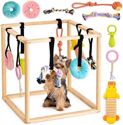 Puppy Play Gym for Small Dogs, Wooden Indoor Dog Playground with Hanging Toys, Interactive Puppy Gym & Jungle Gym for Enrichment, Agility Equipment (17.3 inch)