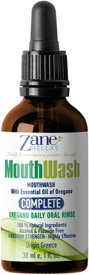 Zane Hellas MouthWash. Oral Rinse with Oregano Oil Power. Ideal for Gingivitis, Plaque, Dry Mouth, and Bad Breath. Alcohol and Fluoride Free. 100% Herbal Solution. 1 fl.oz.-30ml.