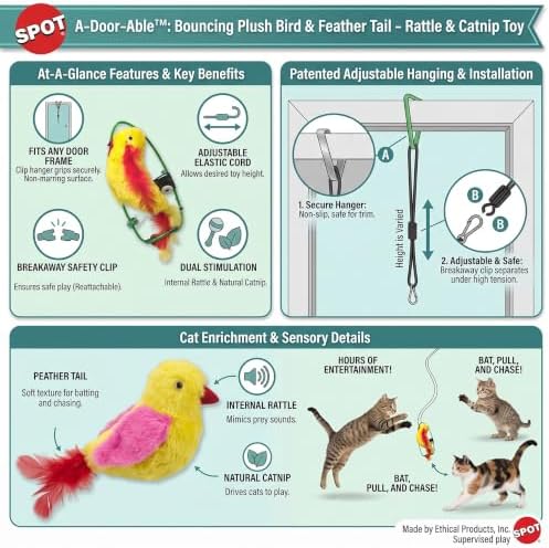 SPOT A-Door-Able Plush Bird Cat Toy | Rattle and Catnip Cat Toy Provides Hours of Entertainment for Your Cat | Hangs on Any Size Door Frame