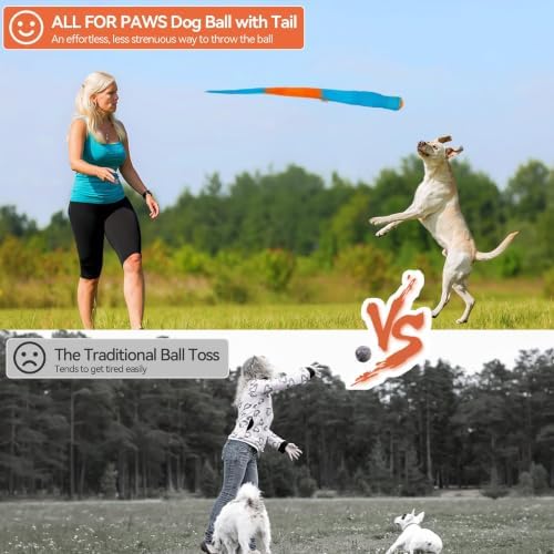 ALL FOR PAWS Fetch Dog Ball Toy with Tail, Interactive Throw & Catch Toy for Medium & Large Dogs, Rubber Ball with Squeaker for Exercise & Boredom Relief
