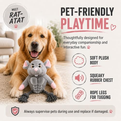Funny Muscle Mouse Dog Toy with Squeaky Rubber Chest & Rope Legs, Interactive Plush Toy for Medium to Large Dogs, Multi-Texture Toy for Tug, Toss & Supervised Play