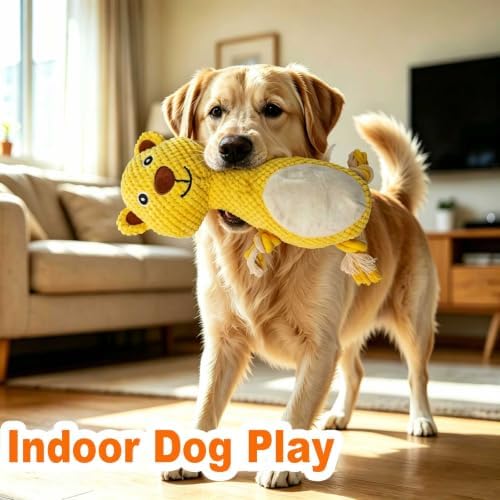 Yellow Bear Plush Chew Dog Toy, 13.4 in, Squeaker and Rope