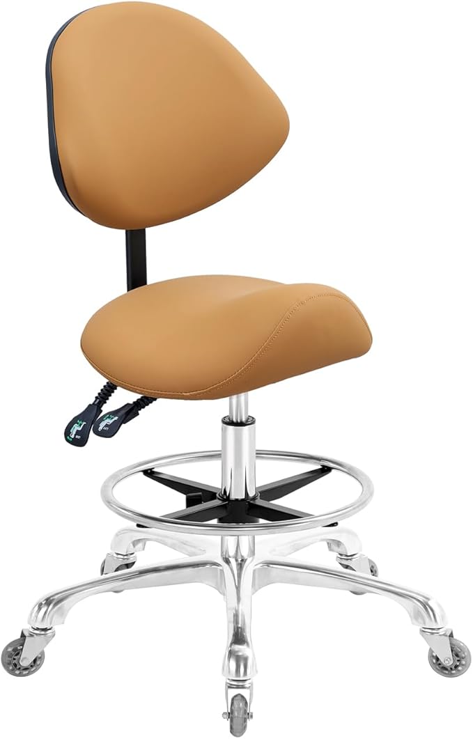 Saddle Stool Chair with Back Support Footrest, Heavy-Duty(350LBS), Hydraulic Rolling Swivel Adjustable Stool Chair for Salon Spa Beauty Massage Dental Clinic Home Office Use(Camel)