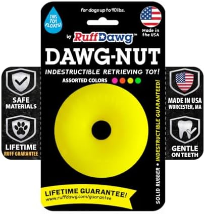 Ruff Dawg Dawg-Nut Medium 3.5” Yellow – Heavy-Duty Solid Rubber Donut Dog Chew Toy for Dogs Under 40 lbs – Floats & Bounces – Made in USA