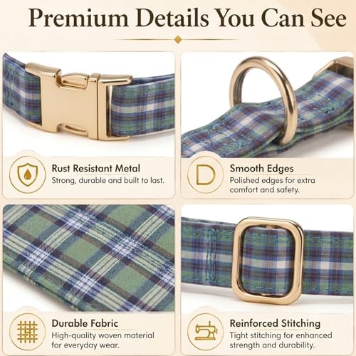 Soft Cotton Dog Collar Classic Plaid Pet Collars with Metal Clasp for Small Dogs with Sensitive Skin, Highland Blue Tartan