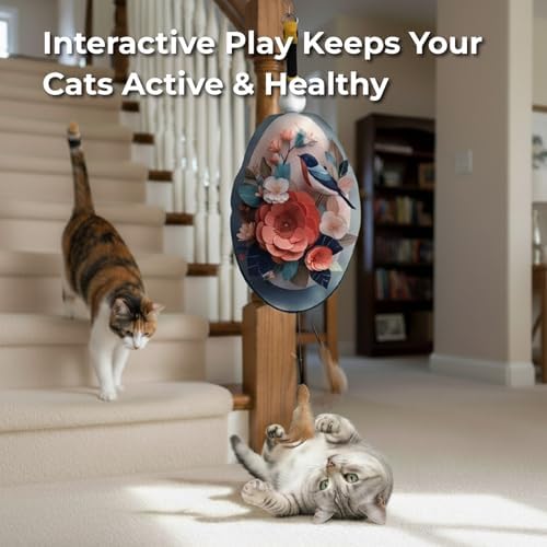 Interactive Cat Toys for Indoor Cats, Automatic Concealed Hide and Seek Hanging Feather Cat Toy, Rechargeable Motion-Activated Enrichment Toys for Bored Adult Cats (Bird & Flowers Pattern）