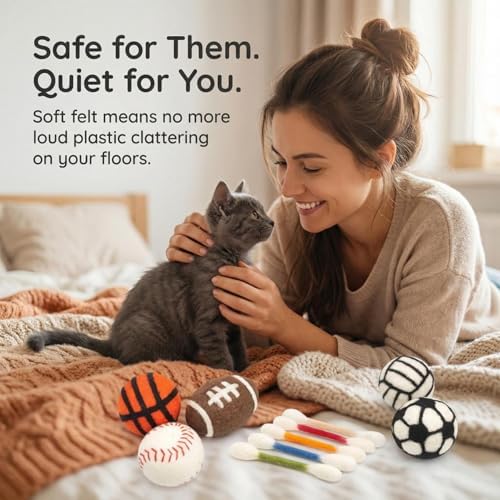 Glaciart One Cat Qtip Toy Set, 5 Pcs Wool Felt Cat Sport Balls (1.5 Inch) & 6 Pcs Cotton Swab Cat Toys, Natural Wool Cat Toys for Indoor Cats