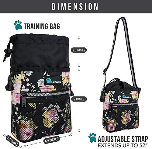 PetAmi Dog Treat Pouch, Pet Treat Pouch for Training, Dog Walking Bag Holder for Kibbles, Pet Food Toy, Dog Trainer Essentials Supplies, Poop Bag Dispenser, 3 Ways to Wear (Floral Black)