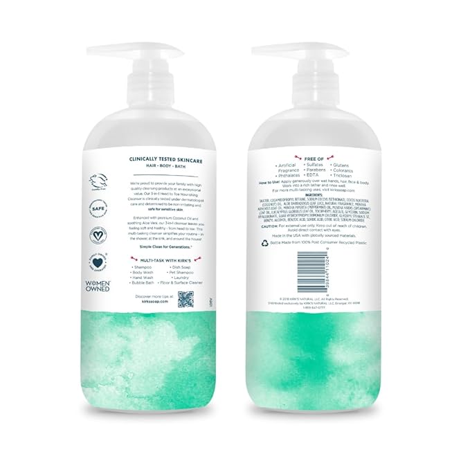 Kirk's 3-in-1 Head to Toe Nourishing Liquid Cleanser - for Men, Women, & Children - Premium Coconut Oil & Aloe Vera - Non GMO & Vegan - Mint and Eucalyptus - 32 Fl Oz.