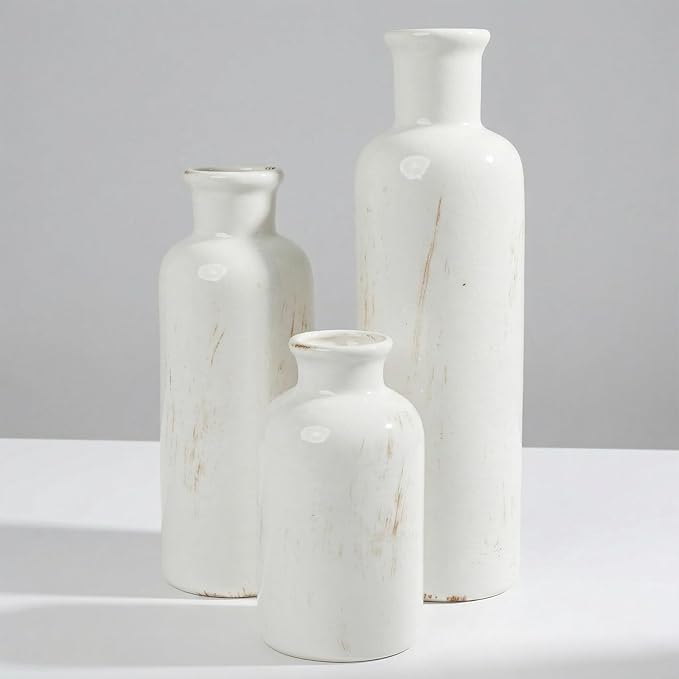 White Ceramic Vase Set of 3, Vintage Vases for Flowers and Home Decor | Distressed crackle glaze for tables, bookshelves, mantels, kitchens and offices