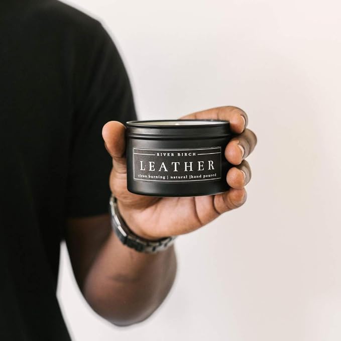 Leather Scented Candle | (Smells Just Like Leather) Scented Candles for Men & Women | All-Natural Non-Toxic Soy Candles, Scented Candles | Tin Travel Candle | Relaxing Aromatherapy Matte Black 8 oz
