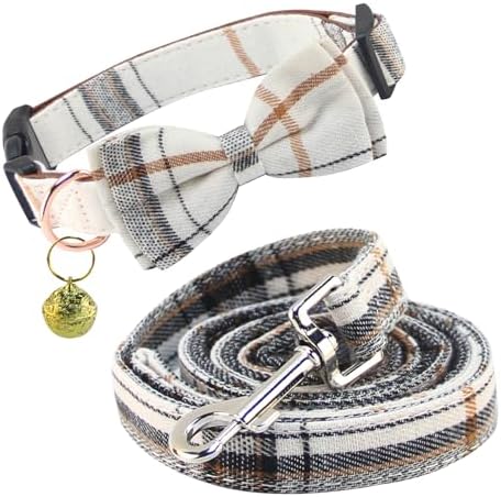 Yizepet Dog Collar and Leash Set-Plaid Puppy Collar with Bow Tie - Adjustable pet Collar for Dogs with Bell, Stylish Pattern for Small Medium or Large Boy and Girl Dog