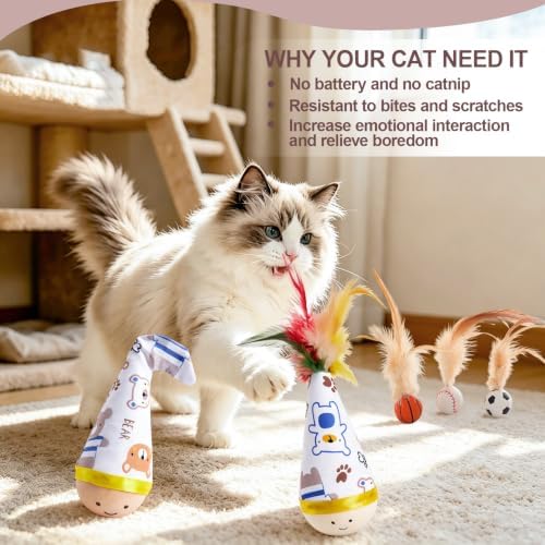 Interactive Cat Wobbler Toy for Indoor Cats Bouncy ball with feather Tails