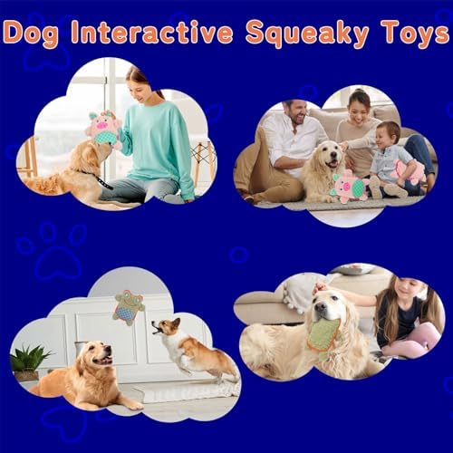 Crinkle Dog Toys Squeaky Plush No Stuffing Cute Puppy Stuffless Tough Rop Pull Toy, Fun Dog Stuffed Animals Durable Chew Set for Small Medium Large Pup (Large, Pink Pig+Green Frog)