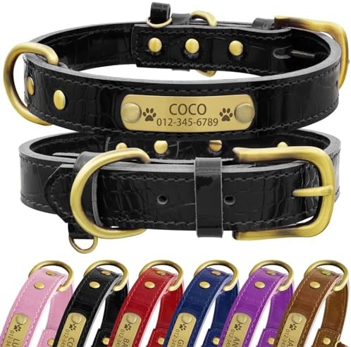 Personalized Genuine Leather Dog Collar with Engraved Name Plate - Durable and Stylish Custom Dog Collar for Small, Medium, and Large Dogs (S,Black)