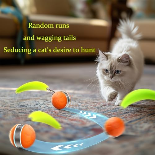 Interactive Cat Toy Ball Automatic Interactive Cat Toys for Indoor Cats with 3 Tails Birdsong 3 Modes Newly Upgraded Speedy 2.0 Tail Cat Toys for Kitten/Medium/Large Cats to Keep Them Busy(Orange)