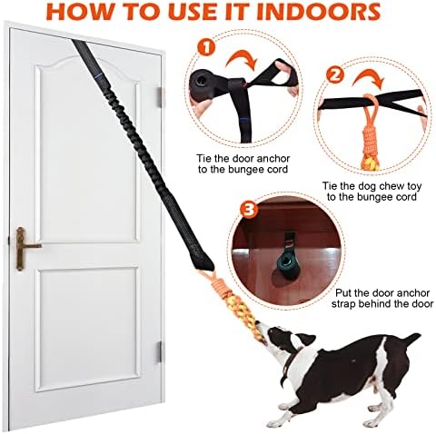 Door Anchor Dog Hanging Bungee Tug Toy for Small Dog Pull Rope and Tug of War, Indoor Outdoor Pull Interactive Toy, Durable Retractable Tugger Dog Rope Toy with 2 Chew Toys for Dogs and Cats