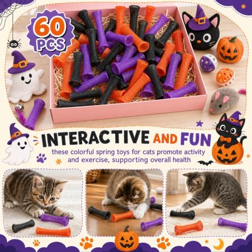Leitee 60 Pcs Cat Spring Toys Kitten Tubes,Black, Orange, and Purple