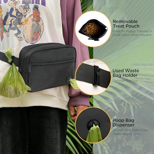 Puppy Dog Treat Pouches for Pet Training Treat Bag, Dog Walking Fanny Pack with Carabiner, Built-in Poop Bag Dispenser & Reuse Dog Poop Holder, Puppy Pet Treat Waist Belt (Black)