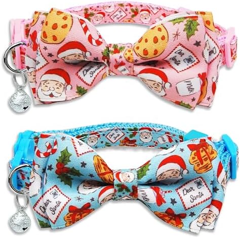 Christmas Cat Collar 2-Pack - Cute Santa & Cookies Holiday Collars with Removable Bow Tie & Bell, Adjustable Breakaway Safety Buckle for Kitties Kittens (Pink & Blue)