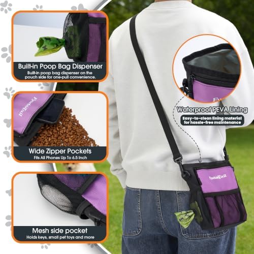 Dog Treat Pouch, 4 Cup Training Bag, Magnetic Closure, 3 Way Wear, Purple | 600D waterproof Oxford fabric, multi pocket storage, zipper and mesh pockets, pull out poop bag dispenser, includes 2 rolls