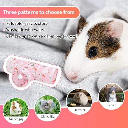 Rypet Guinea Pig Tunnel Hideout 3-Way Collapsible Pet Tubes, Carrot Pink