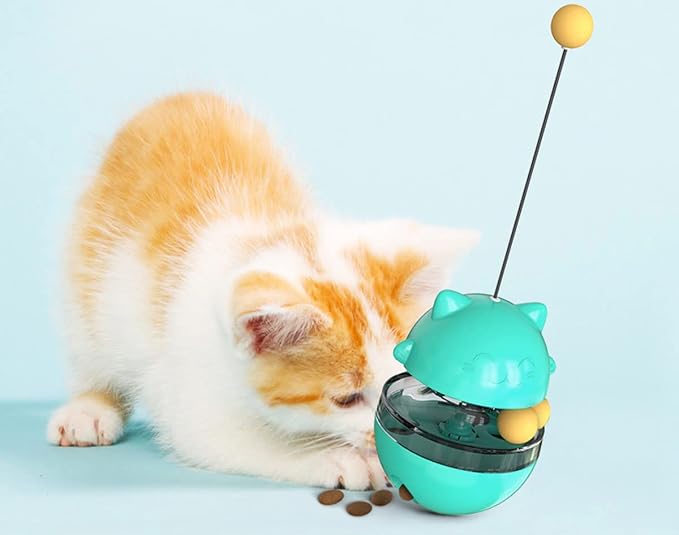 Cat Interactive Toy, Kitty Shape Tumble Food Dispensing Ball, Pet Treat Feeder Leaking Dispenser for Medium Small Dogs Cats (Blue)