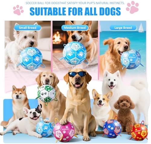 Size 3 Blue Dog Soccer Ball with Straps Eye-Catching Bone and Paw Print Design, Ultra-Durable Training Ball for Pets Interactive Outdoor Dog Toy, Perfect for Medium & Large Puppies