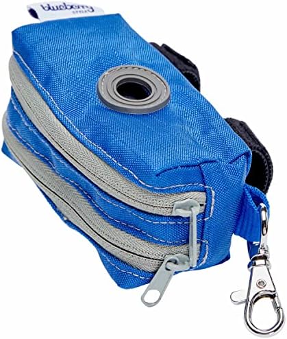 Blueberry Pet Dog Poop Bags Rolls Dispenser, Leash Attachment Holder for Dog Poop Bags, Solid Color, Dual Zippered Compartments, Lightweight, Durable, Includes Free Roll, Travel-Friendly