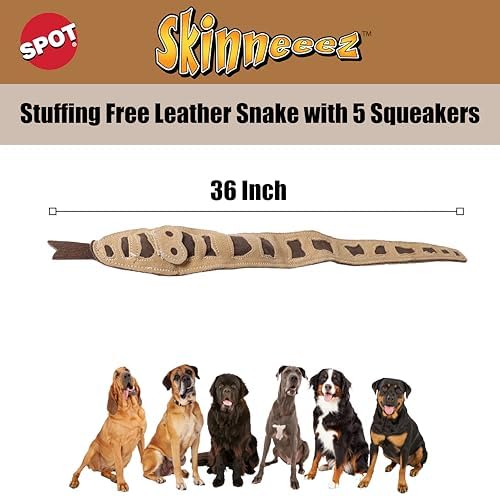 SPOT Skinneeez Leather Snake – 36" Stuffing-Free Dog Toy with Real Leather & 5 Squeakers, Tug Toy for Light to Moderate Chewers, Ideal for Large & XL Dogs