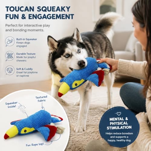 Dog Squeaky Toy Plush Toucan Dog Chew Toy with Knotted Rope Tassels, Teething Interactive Tug Toy for Puppies & All Dog Breeds
