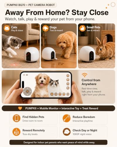 Pet Camera Robot with Treat Dispenser & Laser, Moving Cat Robot Camera for Dogs and Cats with Two-Way Audio, App Remote Control, Auto Recharge, Night Vision