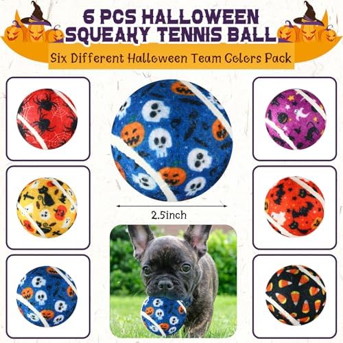 Seenelling 6 Pcs Halloween Squeaky Tennis Balls for Dogs Bulk, Cute