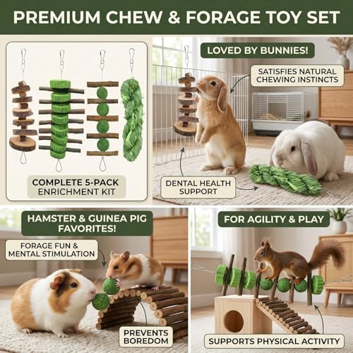5pcs Hanging Rabbit Chew Toys Hay Ball Apple Stick Wood Pet Snack