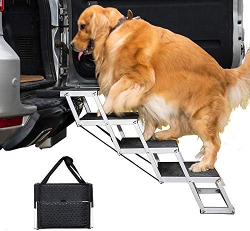Aluminum Dog Car Stairs, Portable Large Dog Step for High Beds, Trucks, and SUV, Lightweight Folding Pet Ladder Ramp, 4 Steps