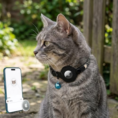 Breakaway Cat Collar with Leather AirTag Holder & Bell - Apple Air Tag Cat Collars for Girls & Boys, Lightweight Anti-Lost GPS Tracker Design, Printed Pattern - Safety and Adjustable (Space)
