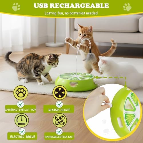 Puffluv Interactive Cat Toy,2 in 1Fruite Shape Toys with Electric Moving Concealed and Hanging Feathers Pop and Play Hide Seek, Hunting Tpye-C Rechargeable-Green Lime