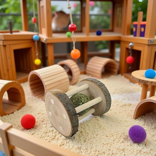 Hamster Rabbit Chew Toy Natural Wooden Play Toy, Wood Teeth Grinding Toy with Bell for Parrot, Rabbit, Chinchilla, Guinea Pig, Hamster Small Animals Toys for Pet Supplies,Small Animal Toys