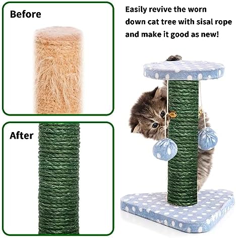 Green Sisal Rope 1/4 Inch by 98-Feet for Cat Scratching Post Tree Tower Replacement Repair and Replace, DIY Hemp Twine Rope for Kittens Shelves Furniture Window Bed Perch House Climbing, 6mm by 30m