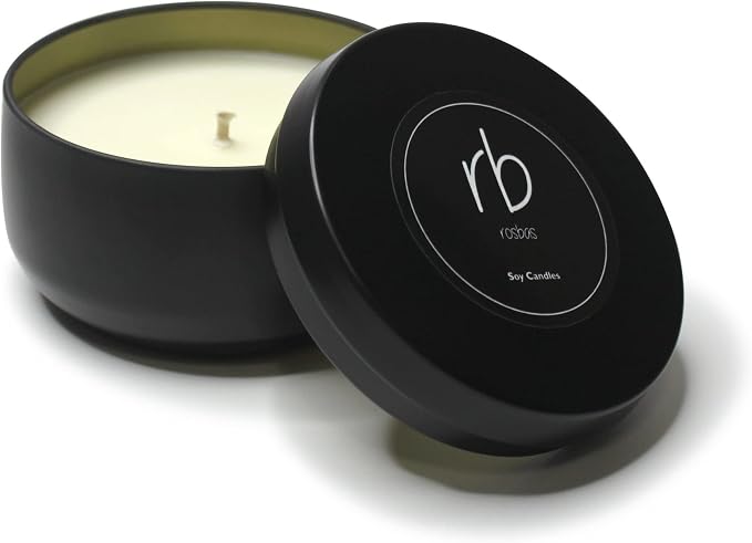rosbas Sandalwood Soy Wax Candle - 6 oz Tin in Drawstring Cotton Bag - Clean Burning for Grounding and Peace - Black - Made in USA