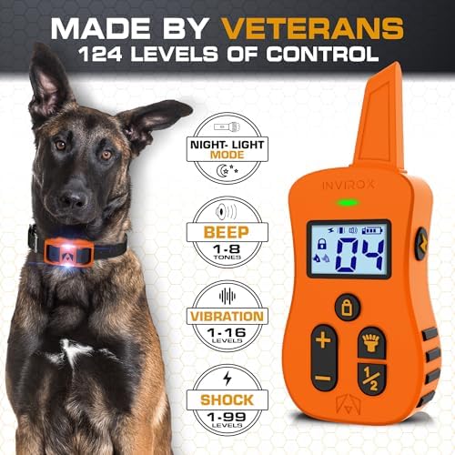 INVIROX Ultra K9 Dog Shock Collar, 124 Levels, Night Light, IP67 Waterproof | Orange, 1 Dog, Precise Control for Reactive Dogs, Dog Training Tools, Keypad Lock, 3/4-Mile Range, Shock Collar for Dogs