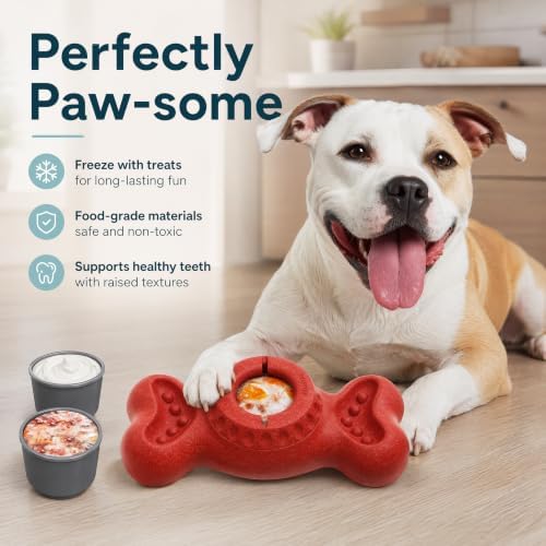 Dog Enrichment Toys - Freezable Treat Dispensing Bone Toy with 2 Lidded Treat Cups and Stuffable Side Grooves, Interactive Dog Busy Toy for Medium Large Dogs