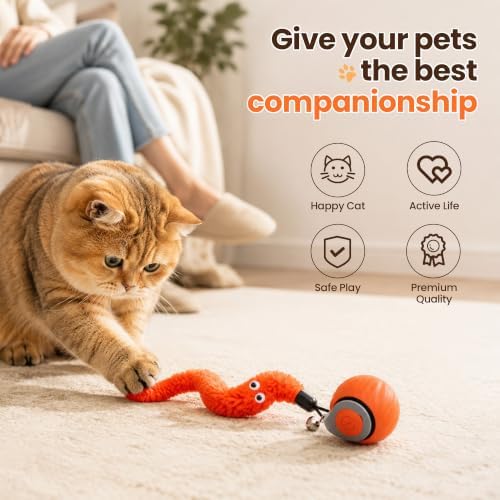 Automatic Interactive Cat Toy Ball, 2-Speed Rolling Toy with 3 Detachable Tails, Boredom Relief & Exercise Toy for Indoor House Cats & Kittens (Orange)