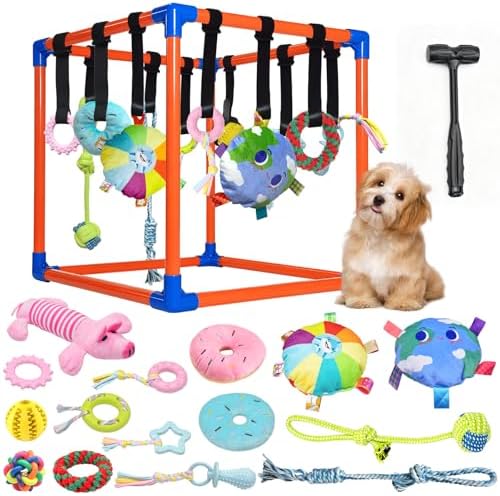 Puppy Play Gym with 15 Hanging Toys for Small Dogs, PVC Frame with Bungee Straps, Interactive Indoor Jungle Playground for Entertainment, Teething and Mental Stimulation