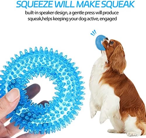 BLMHTWO 2PCS Dog Spiky Toy, Durable Squeaky Balls Chew Toy Rubber Puppy Dental Ring Dog Toy Pool Rings for Small Medium Dogs Indoor Outdoor Training Teeth Cleaning (Blue, Orange)