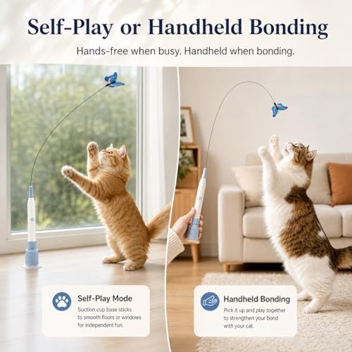 Rechargeable Butterfly Cat Toy for Indoor Cats, Electric Cat Wand with Suction Cup Base, 2 Play Modes, Self-Play & Handheld Cat Wand with 5 Cloth-Buckle Butterfly Refills, Blue
