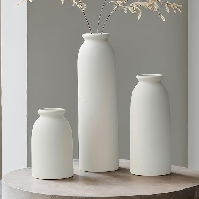 10.6 inches Tall Decorative Ceramic Vase Set, 3 Pieces, Nordic Modern Boho Style, White, for Home Decor (L White)