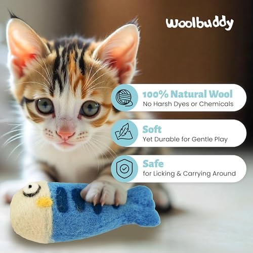Woolbuddy Wool Cat Toys (Fish 3 PCS) Catnip-Free Kick Toys for Cats Kittens